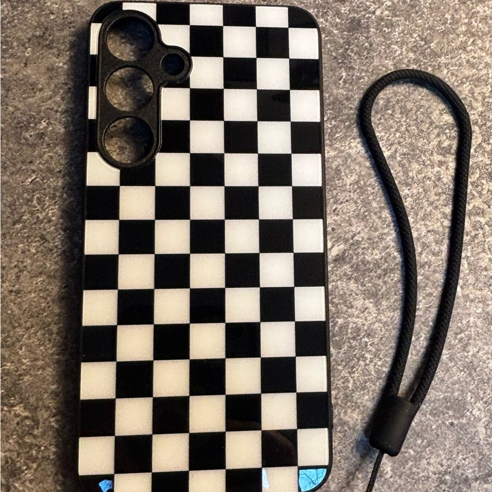 Galaxy By Harvic Black and White Checkered Phone Case with Wrist Strap